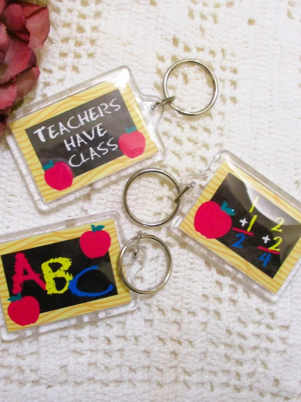 Vintage LUCITE School KEYCHAIN Lot: Teacher Appreciation, ABC, Math